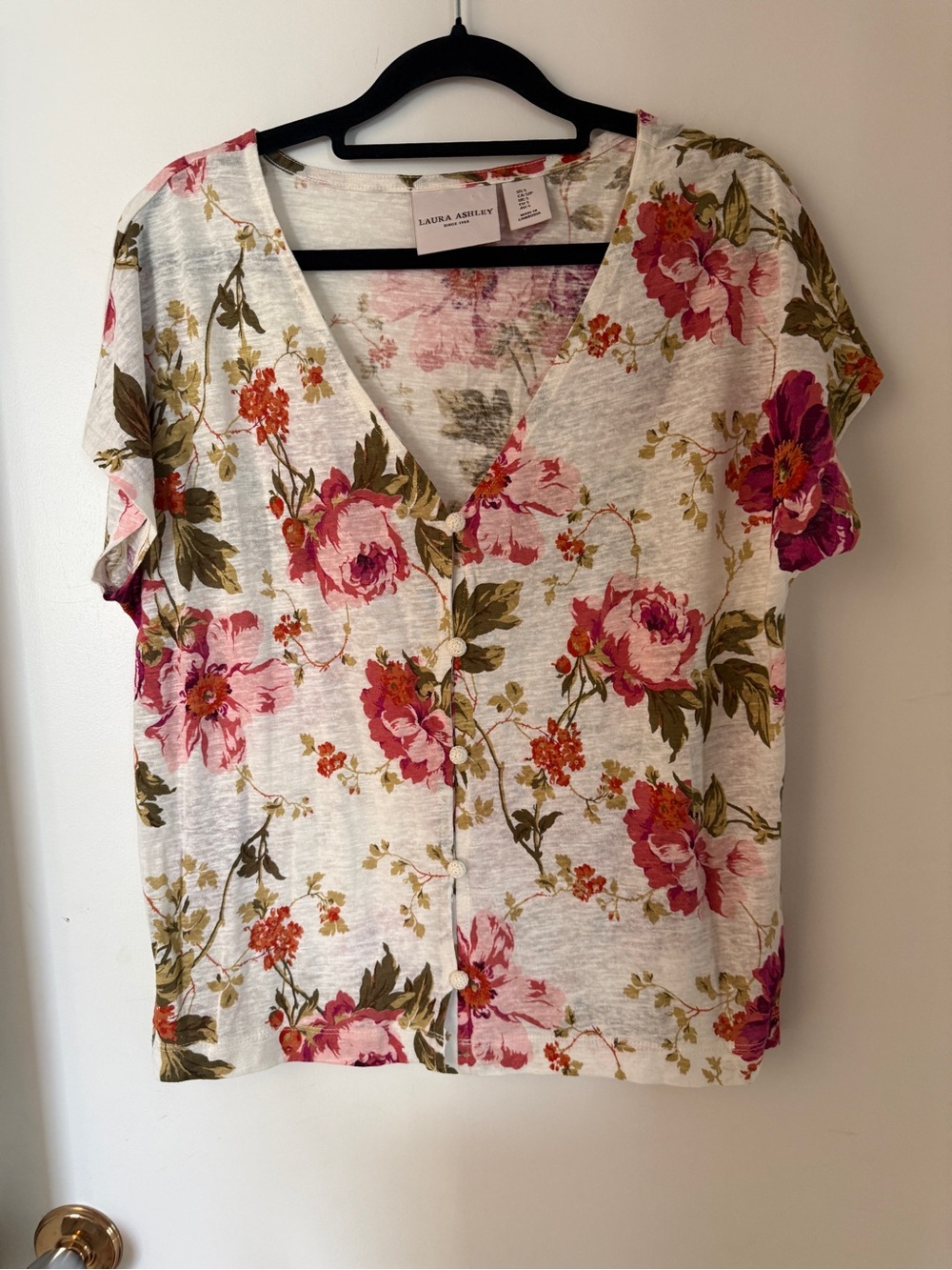 Laura Ashley Floral Linen Lyocell Button Front Top Small Cottagecore Romantic